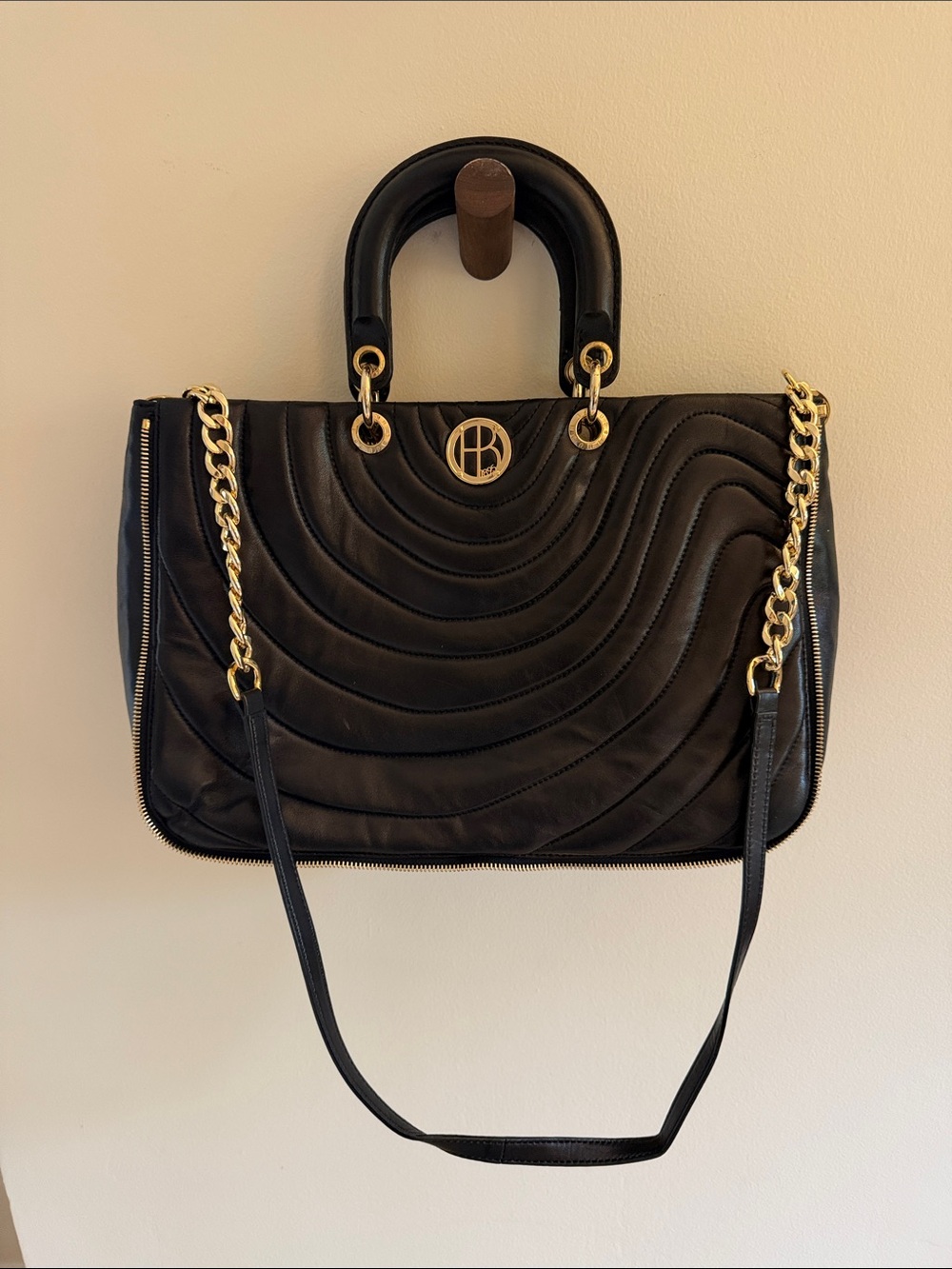 henri bendel Black Quilted Leather Shoulder Bag with Gold Chain Accents